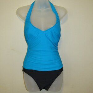 Carol Wior Blue Black Ruched V Neck Halter One Piece Slimming Swimsuit sz 8
